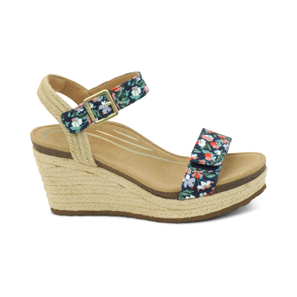 Aetrex Women's Sydney Quarter Strap Espadrille Wedge Sandals - Floral | USA V6US6QZ